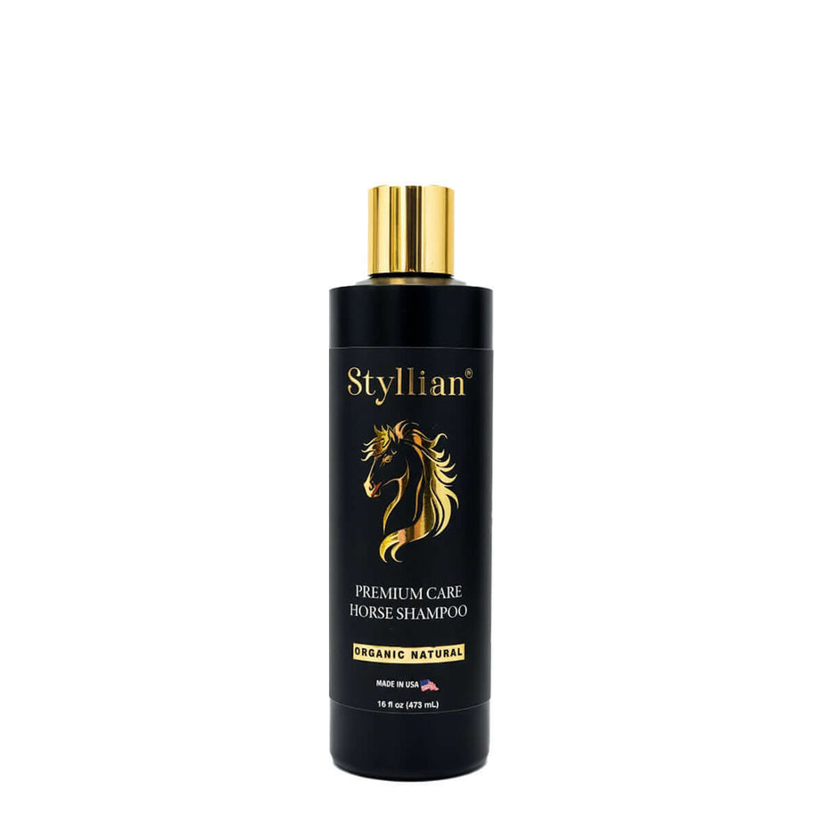 Styllian Premium Horse Shampoo 16 oz bottle with black design and gold accents for deep cleansing and conditioning.