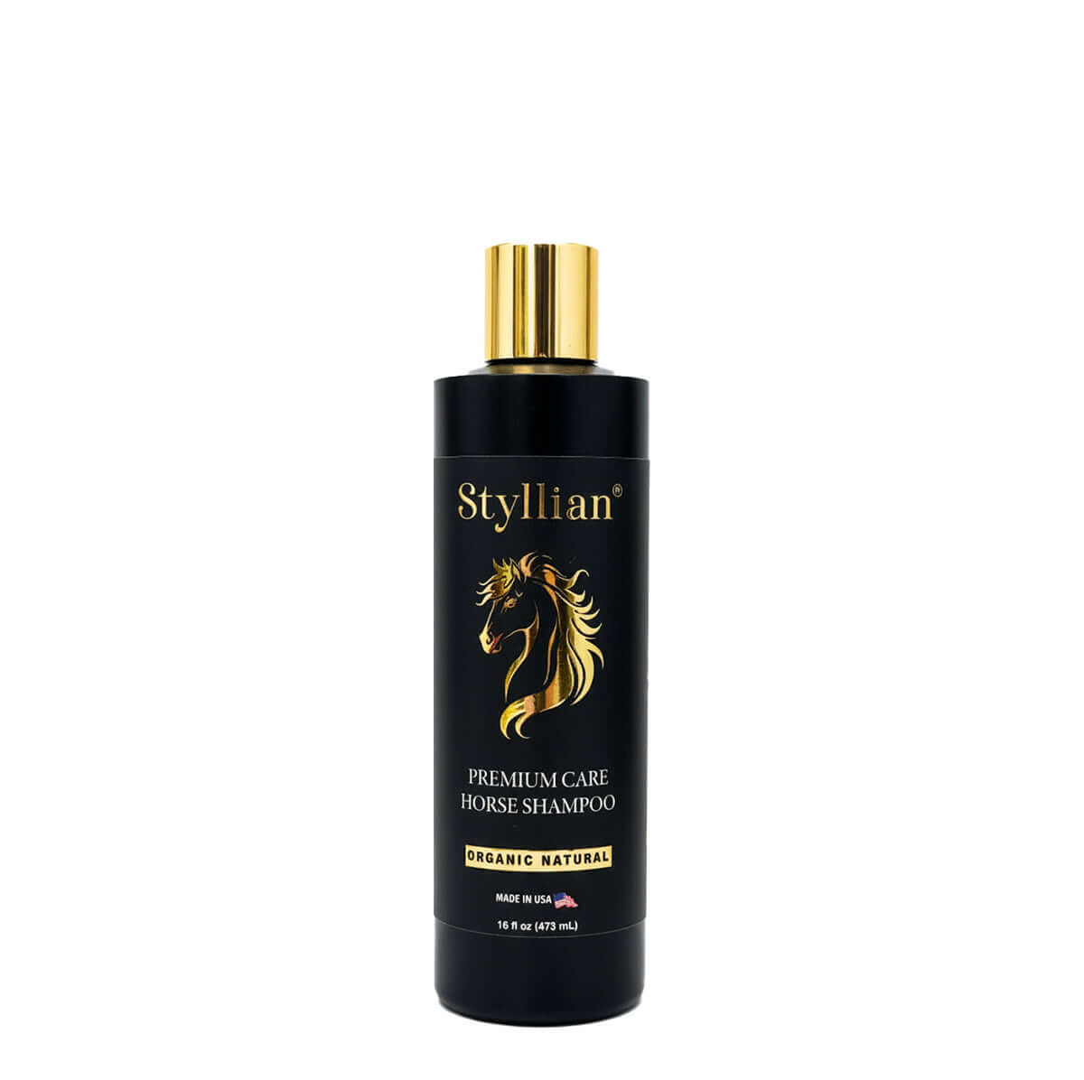 Styllian Premium Horse Shampoo 16 oz bottle with black design and gold accents for deep cleansing and conditioning.