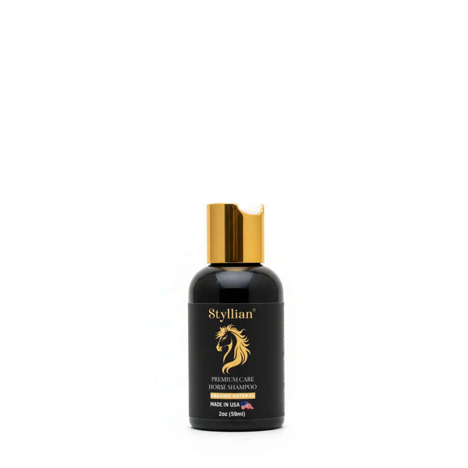 Styllian Premium Horse Shampoo 2 oz. compact bottle for a radiant coat on horses, made in USA.