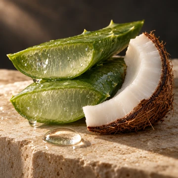 Fresh aloe and coconut on warm limestone
