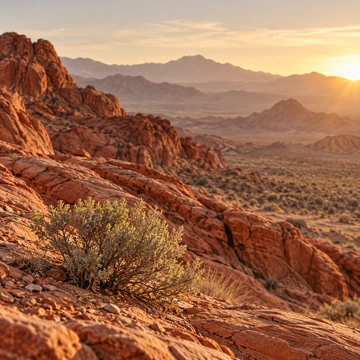 Desert sandstone and mountains in warm morning light