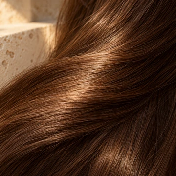 Warm light across smooth chestnut hair