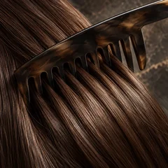A wide-tooth comb separating smooth chestnut strands