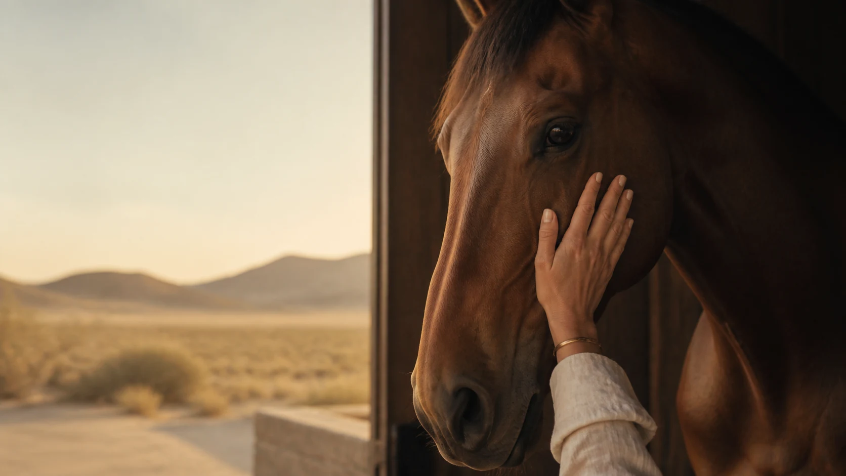 A hand resting gently on a bay horse's cheek at the edge of the Nevada desert