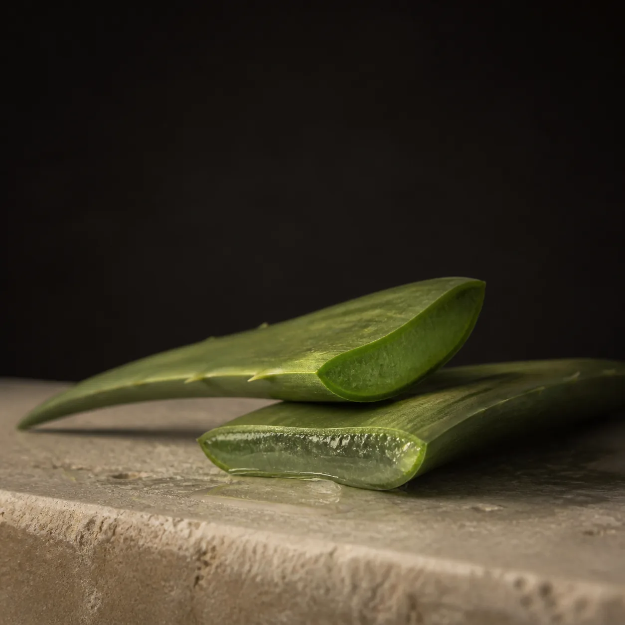 Freshly cut organic aloe vera on warm limestone