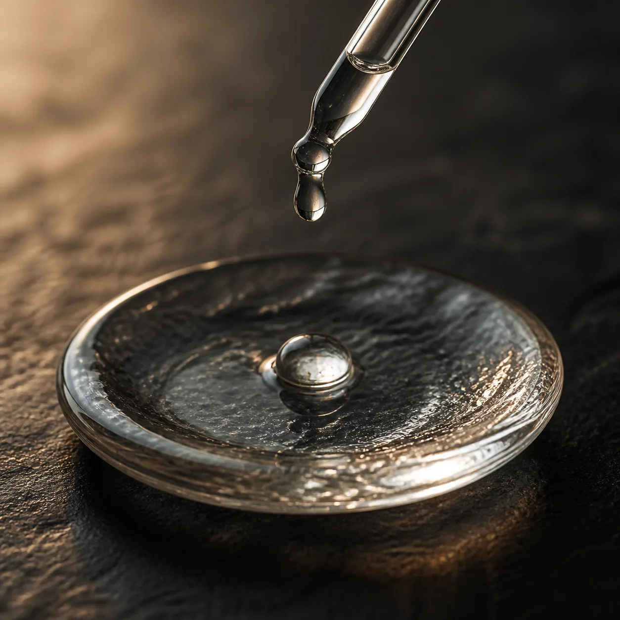 A clear glycerin droplet above hand-blown glass