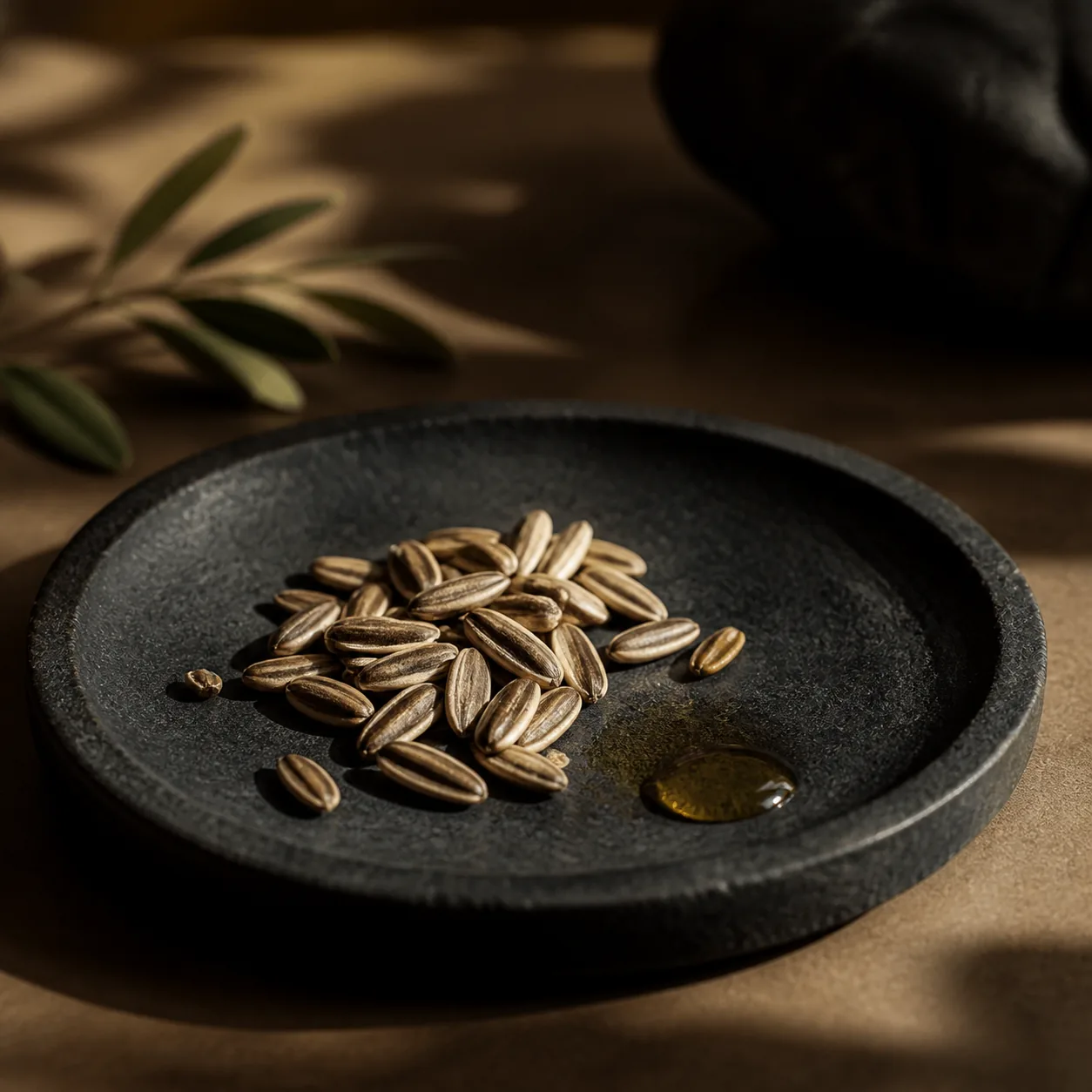 Sunflower seeds and natural golden oil in a dark stone dish