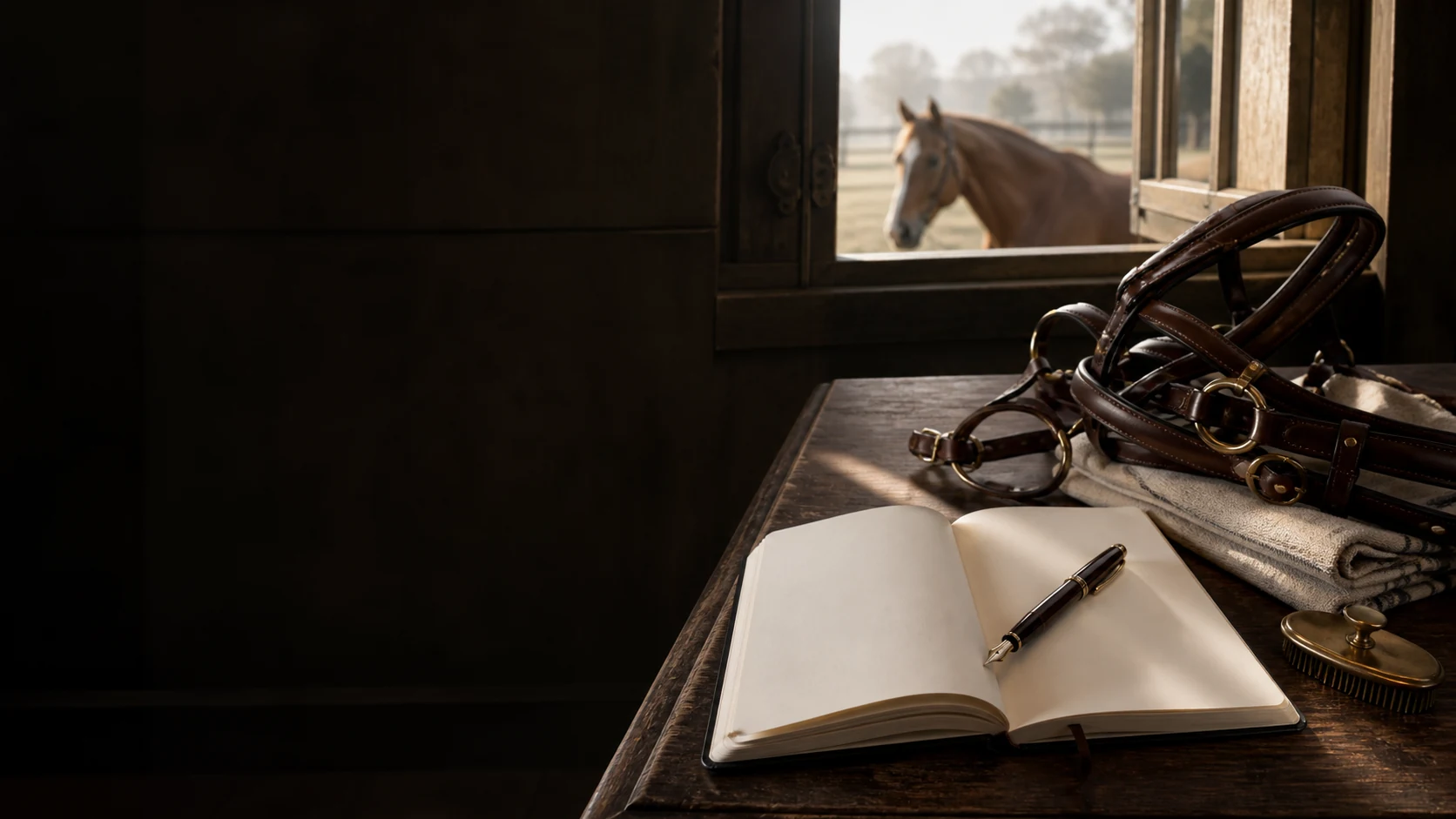 An open field notebook, bridle, and grooming tools beside a stable window at dawn