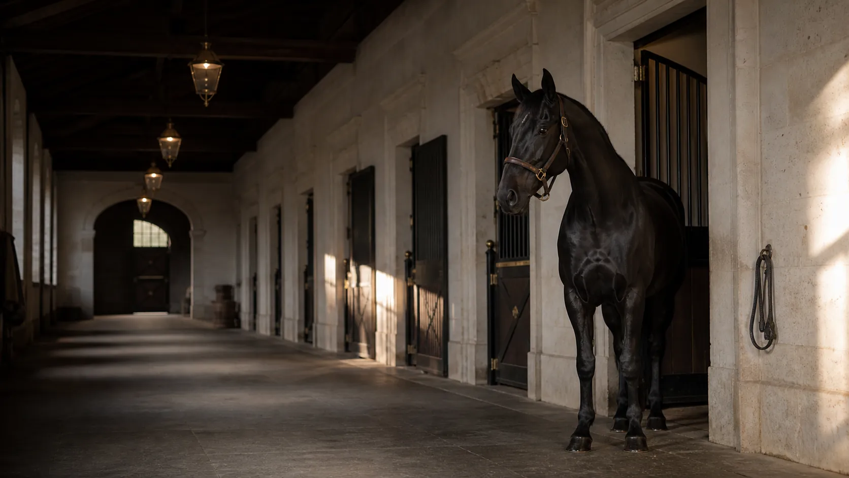 A black horse standing in the aisle of a quiet stone stable at dawn