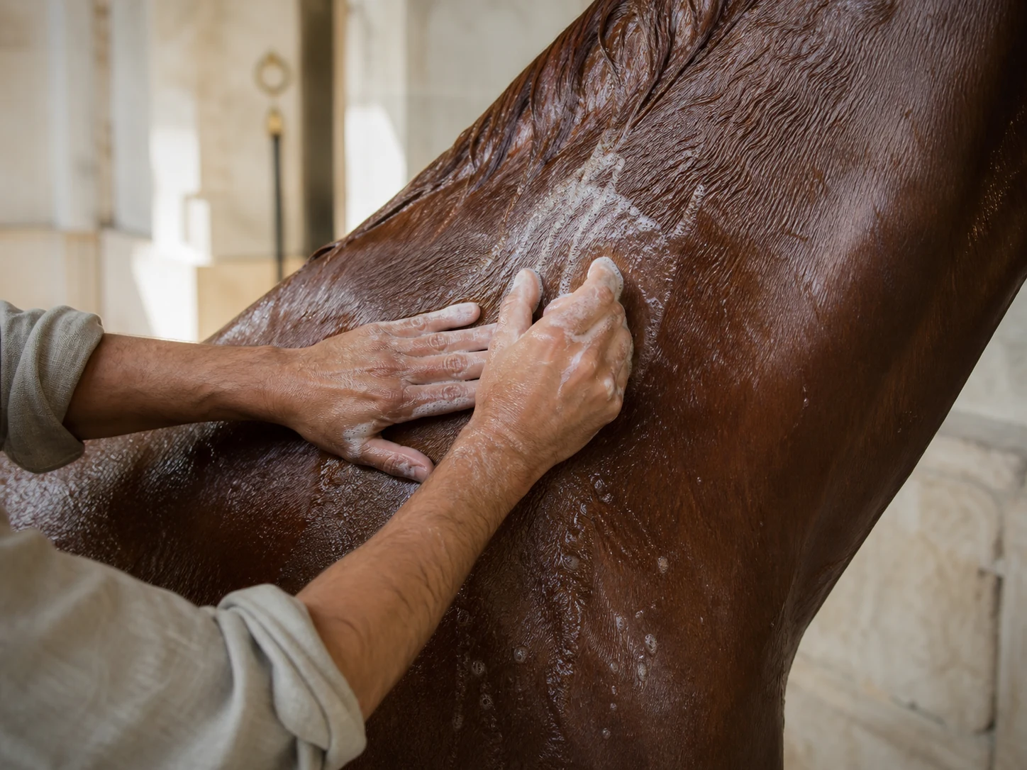 Hands working a modest lather into the wet shoulder of a chestnut horse