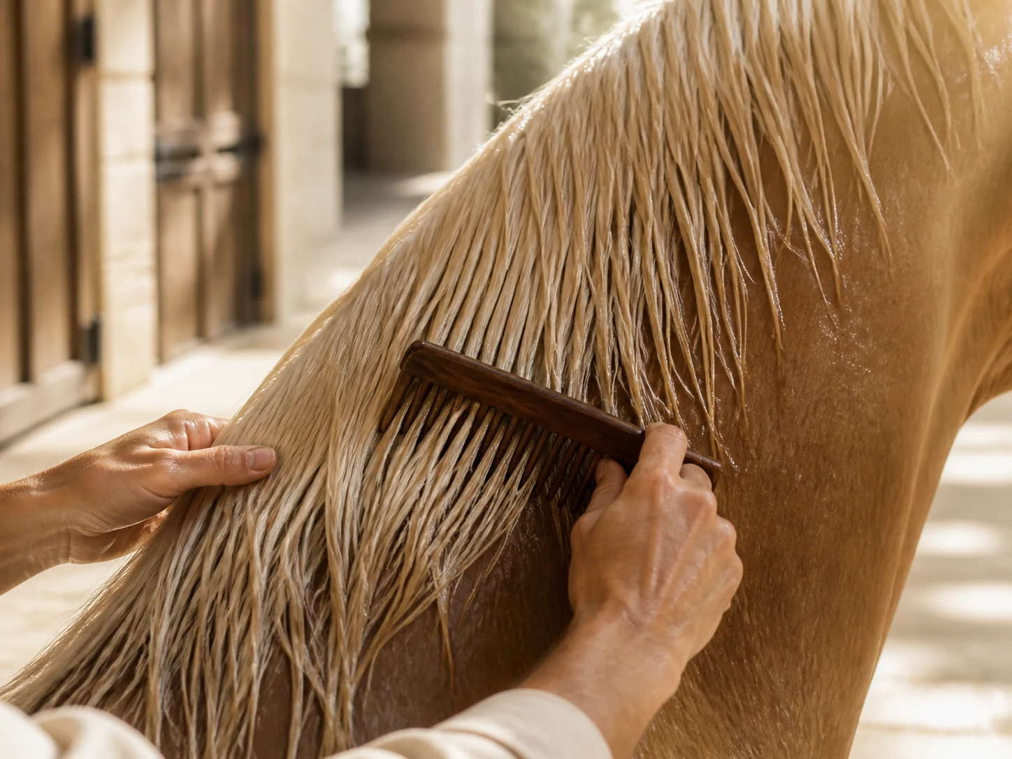 A groom combing the wet cream mane of a palomino horse in warm morning light