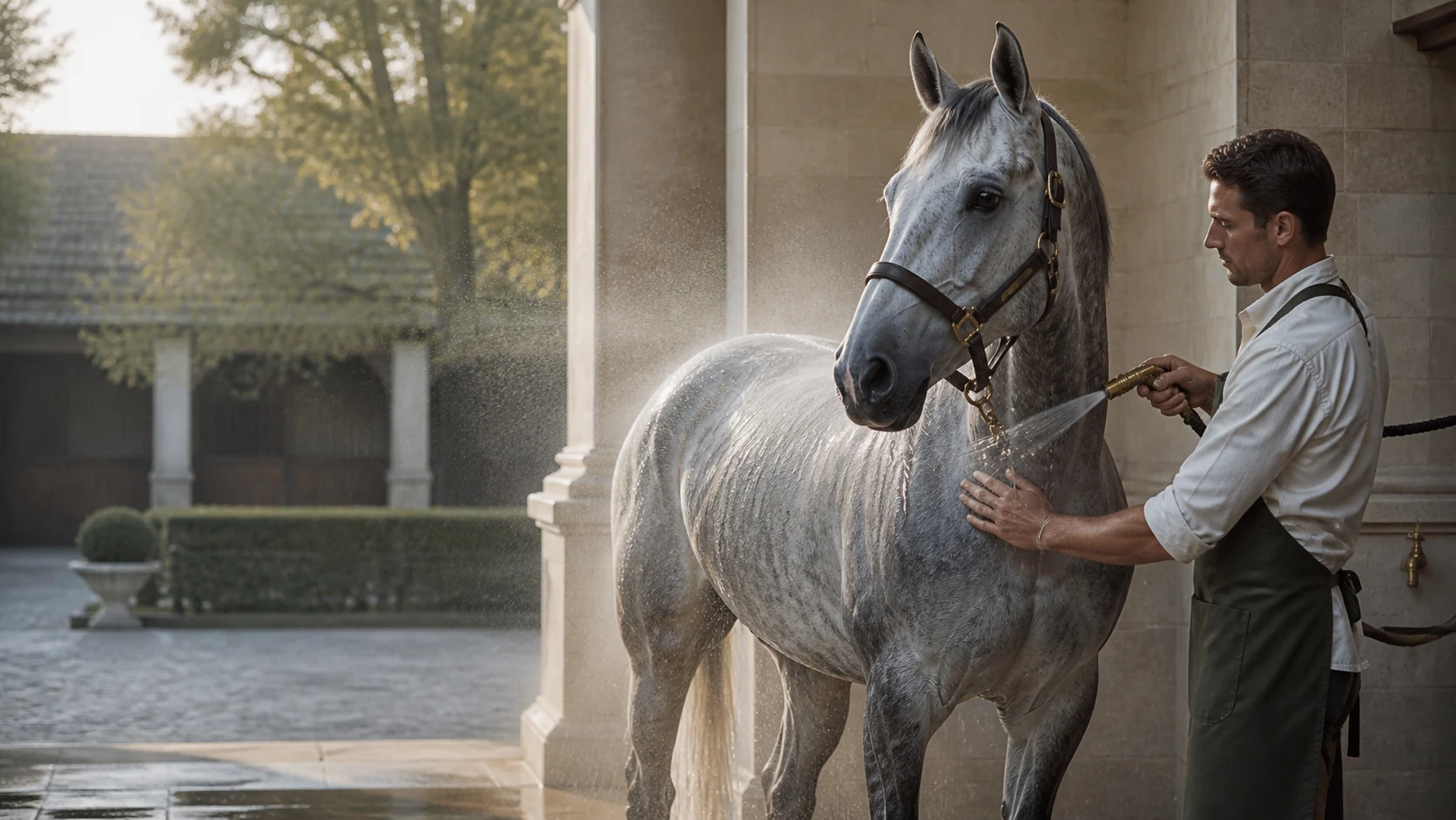 A professional groom washing a dapple-gray horse in a pale stone wash bay