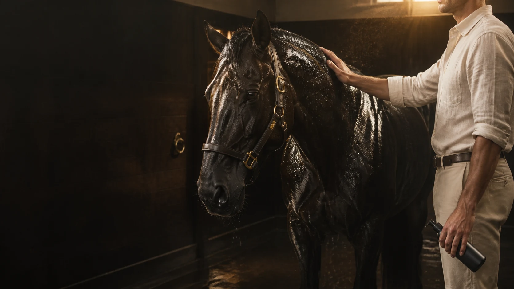 A groom caring for a glossy black horse in a quiet wash bay