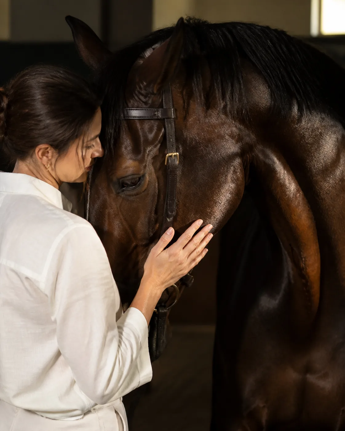 A woman resting her face and hand against a glossy dark bay horse after grooming