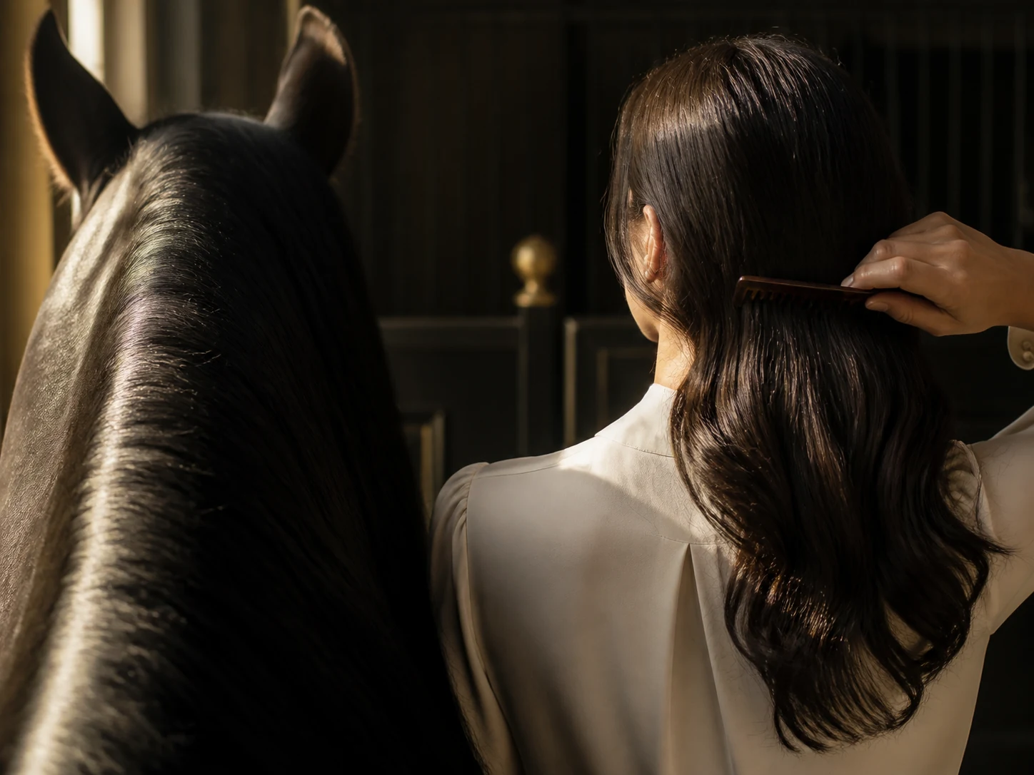 A rider combing her dark hair beside the glossy mane of a black horse